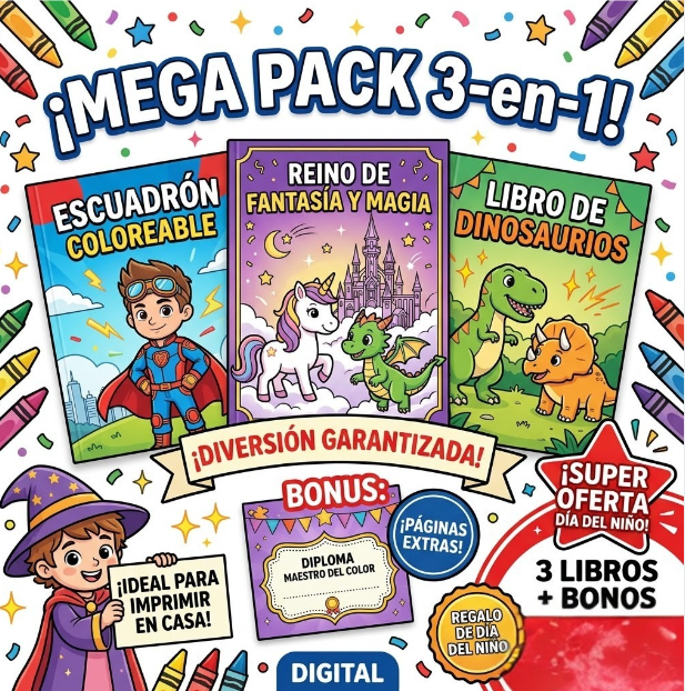 MEGA PACK: 3 Libros Digitales para Colorear (Edición Especial Día del Niño)